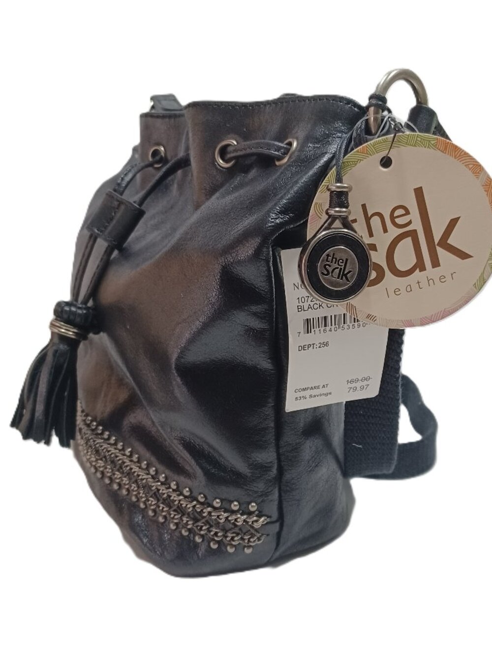 NWT The Sac Ukiah Black Leather Heritage Style Drawstring Bucket Bag - Picture 11 of 13